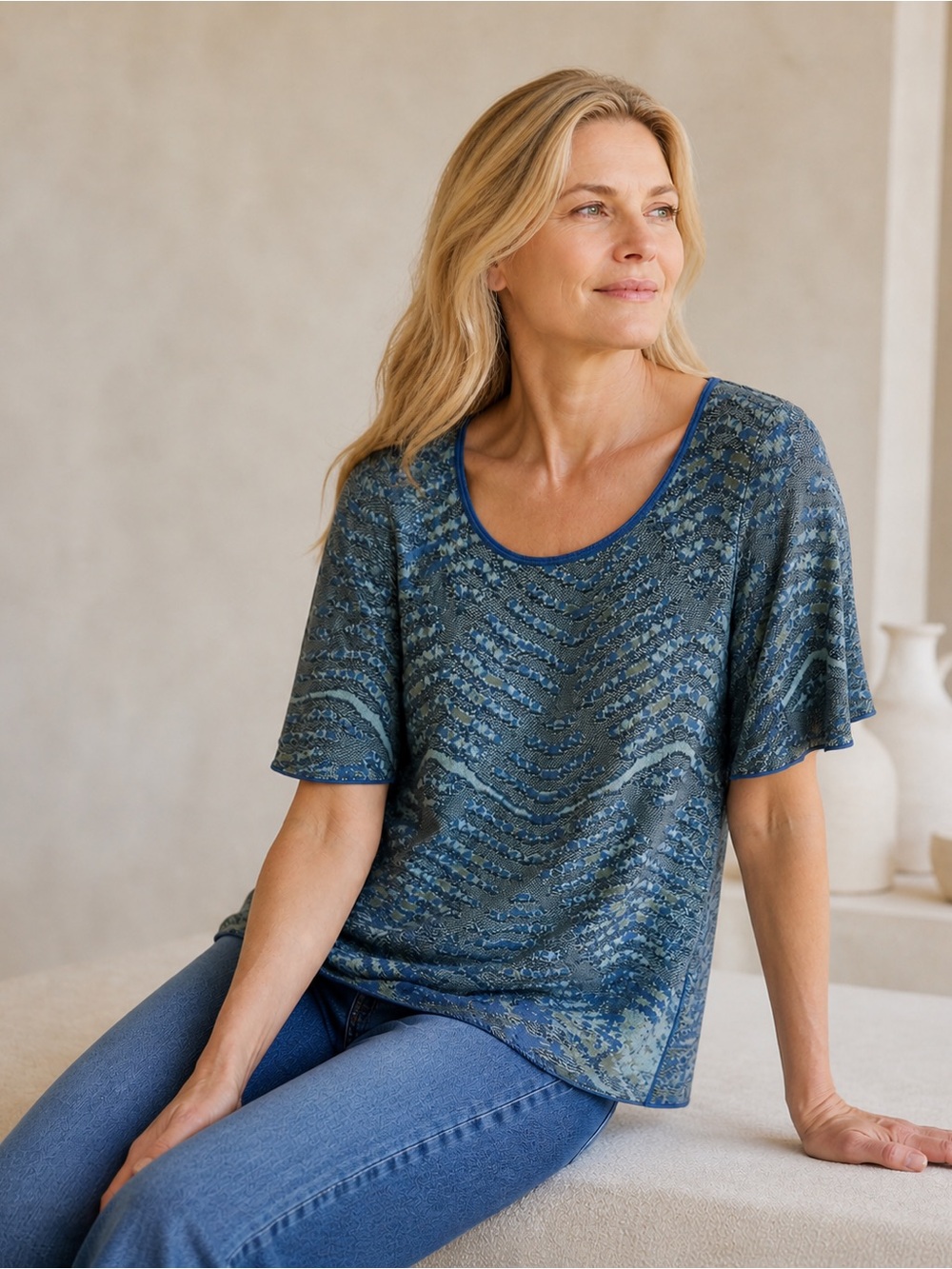 Peruvian Connection Pima Cotton Knit Top Blue Pattern Short Sleeve XL NWT